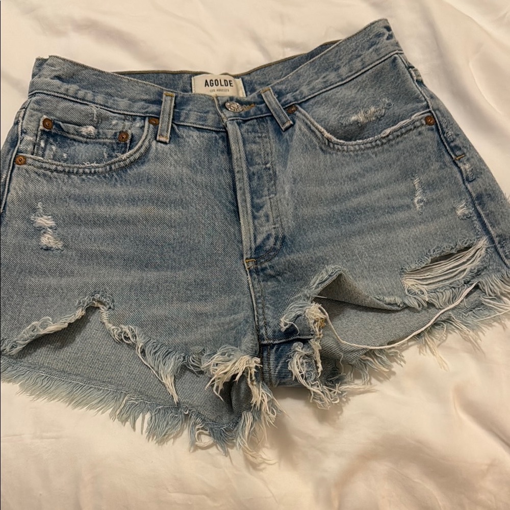 Agolde Blue Distressed Jean Shorts High-Waisted Parker